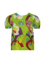 The FLOWER DOME top by me ISSEY MIYAKE features a relaxed fit, round neck, and short sleeves with a bright green base and colorful abstract floral and butterfly patterns in purple, red, yellow, blue, and white. - GREEN-HUED （no.69）