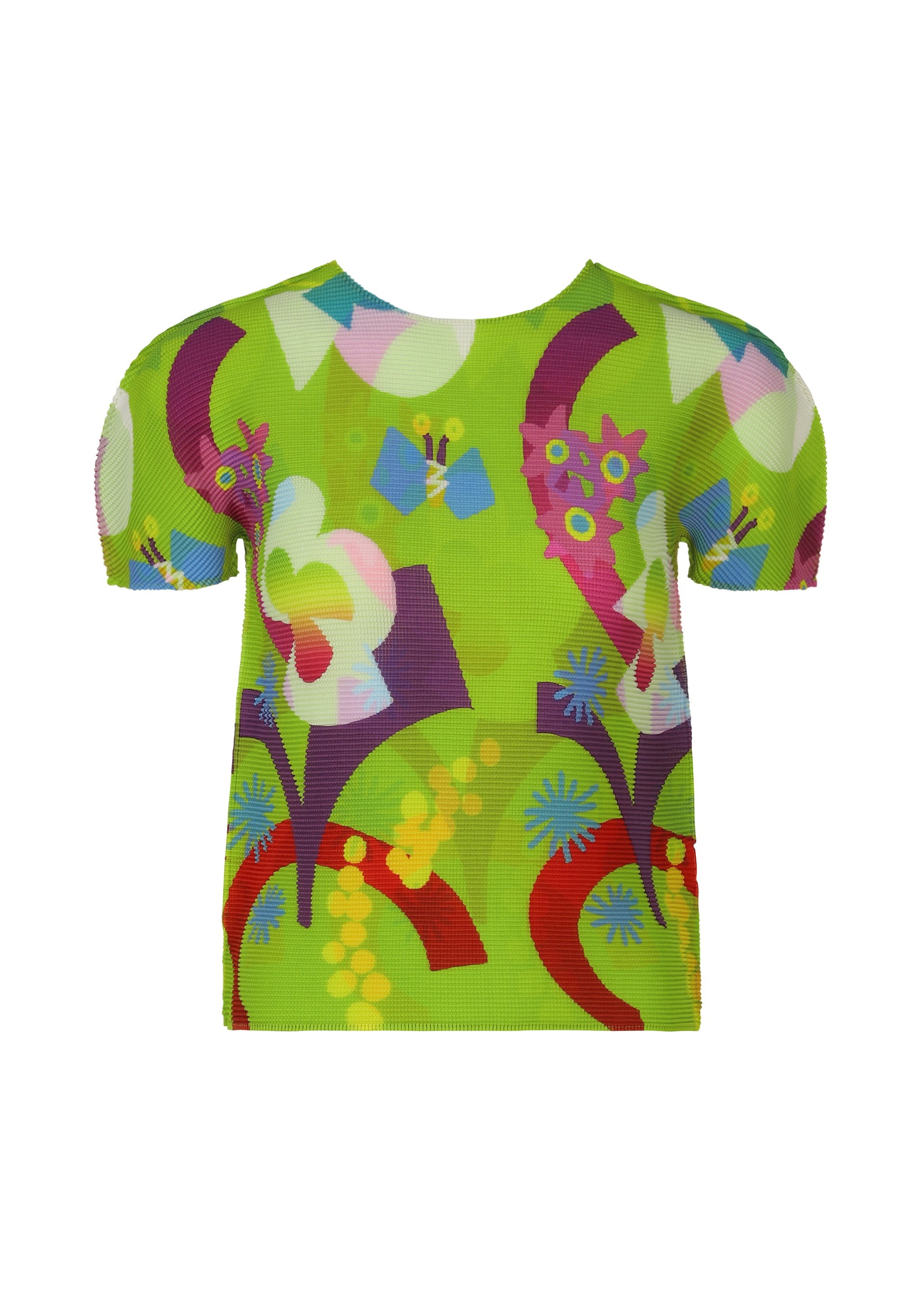 Zoomed view The FLOWER DOME top by me ISSEY MIYAKE features a relaxed fit, round neck, and short sleeves with a bright green base and colorful abstract floral and butterfly patterns in purple, red, yellow, blue, and white. - GREEN-HUED （no.69）