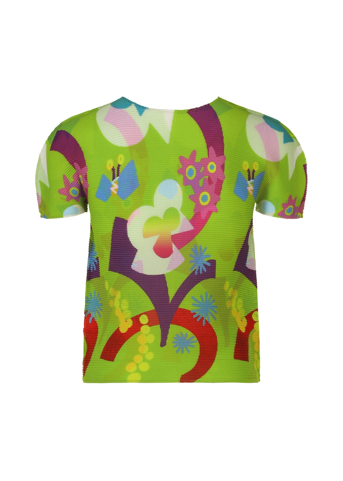 The FLOWER DOME top by me ISSEY MIYAKE is a round-neck, short-sleeve style featuring a vibrant abstract floral and geometric pattern in green, red, purple, blue, yellow, and white on the front. view 4 of 7