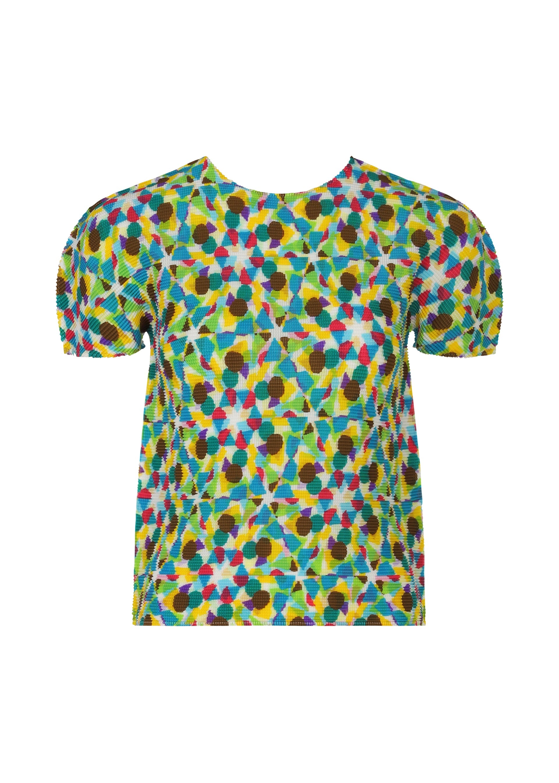 Zoomed view The KALEIDOSCOPE short-sleeved blouse by me ISSEY MIYAKE features a round neckline and a vivid blue, yellow, green, red, and black kaleidoscope pattern on a white background. - WHITE-HUED （no.09）