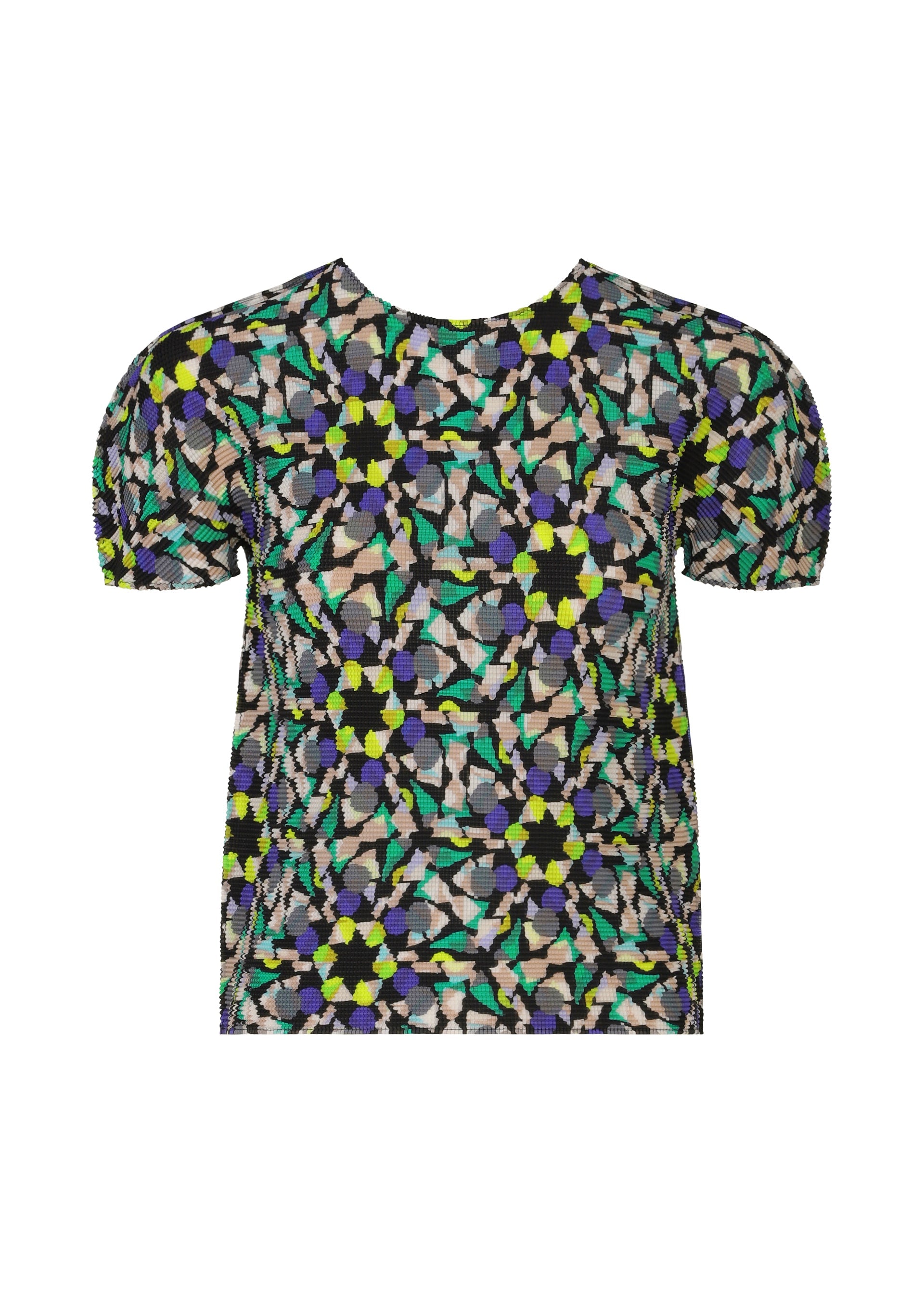 Zoomed view The KALEIDOSCOPE short-sleeved blouse by me ISSEY MIYAKE features a round neckline and a vibrant geometric and floral pattern in yellow, green, purple, black, and beige. - BLACK-HUED （no.18）