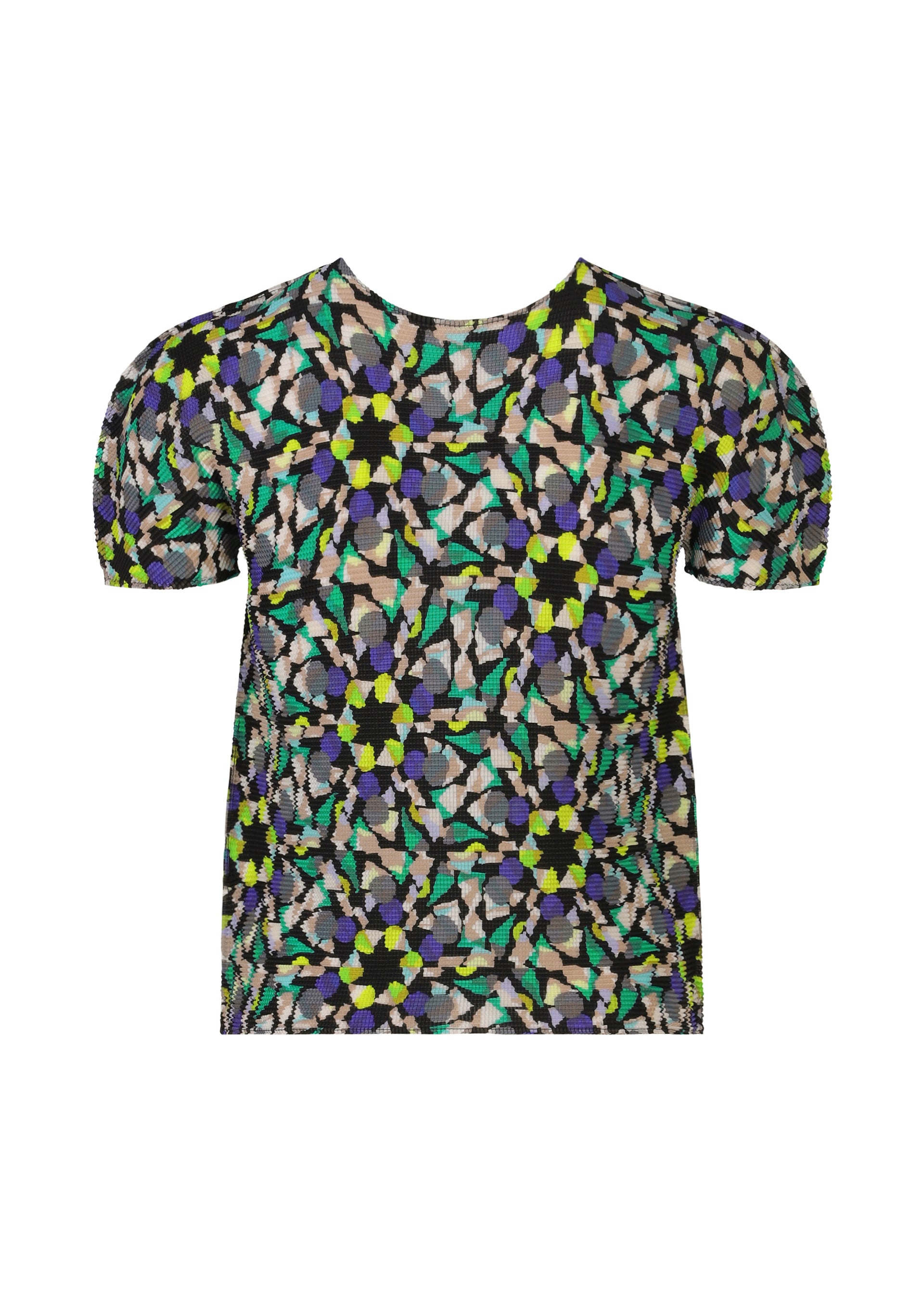 Zoomed view The KALEIDOSCOPE top by me ISSEY MIYAKE features short sleeves and stretch pleats, showcasing a colorful mix of green, yellow, purple, beige, and black shapes on textured fabric.