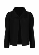 The me ISSEY MIYAKE STRETCH PLEATS is a black, long-sleeved cardigan with a wide collar and textured pleated fabric. Elegant and simple, it offers comfort with stretch pleats and features no visible buttons or closures. - BLACK （no.15）