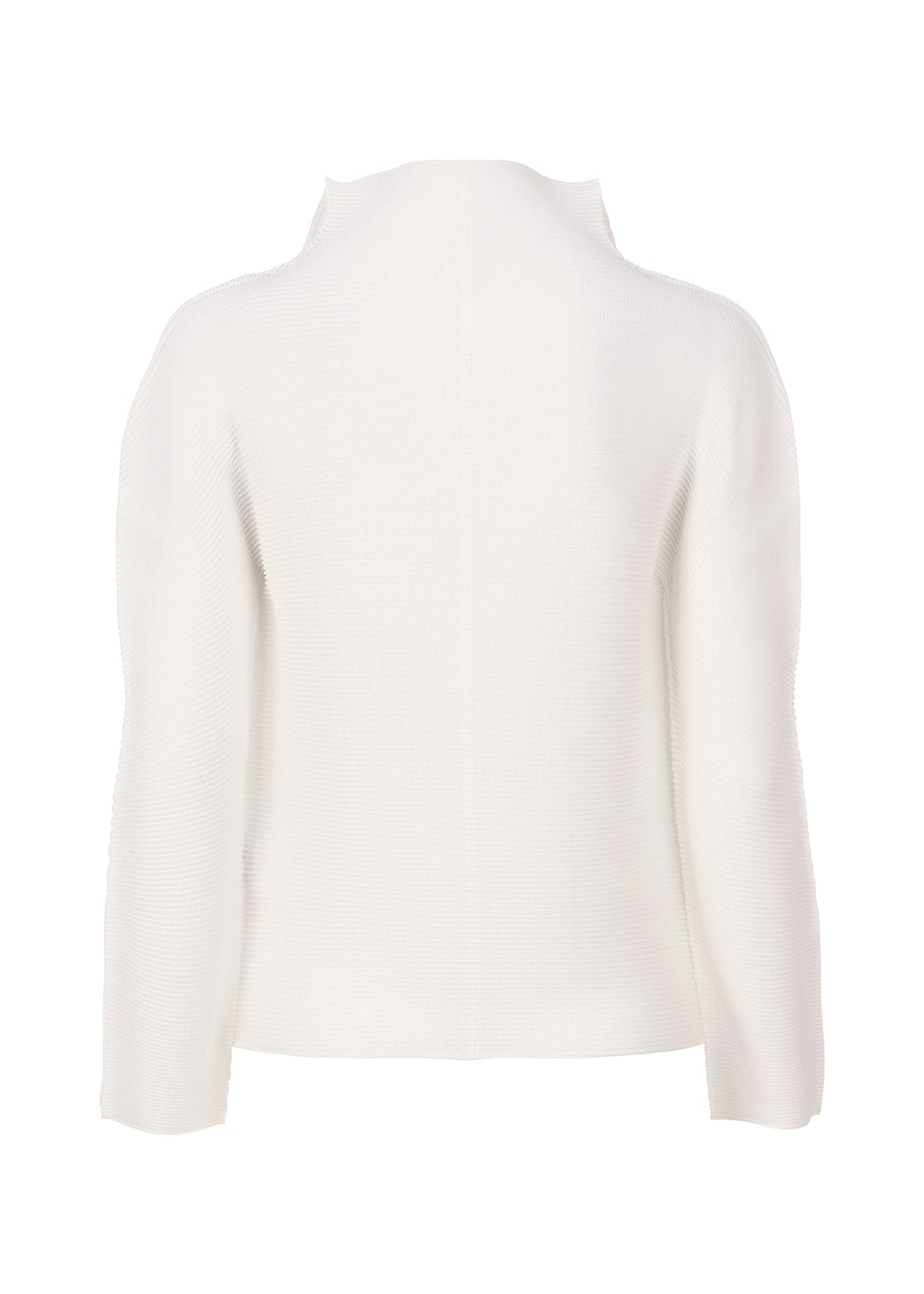 The STRETCH PLEATS cardigan by me ISSEY MIYAKE is a plain white, long-sleeved piece with a high neckline and ribbed, textured fabric featuring subtle stretch pleats for comfort and style, shown from the back. view 3 of 6