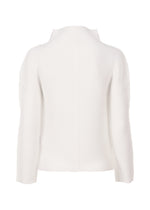 The STRETCH PLEATS cardigan by me ISSEY MIYAKE is a plain white, long-sleeved piece with a high neckline and ribbed, textured fabric featuring subtle stretch pleats for comfort and style, shown from the back.