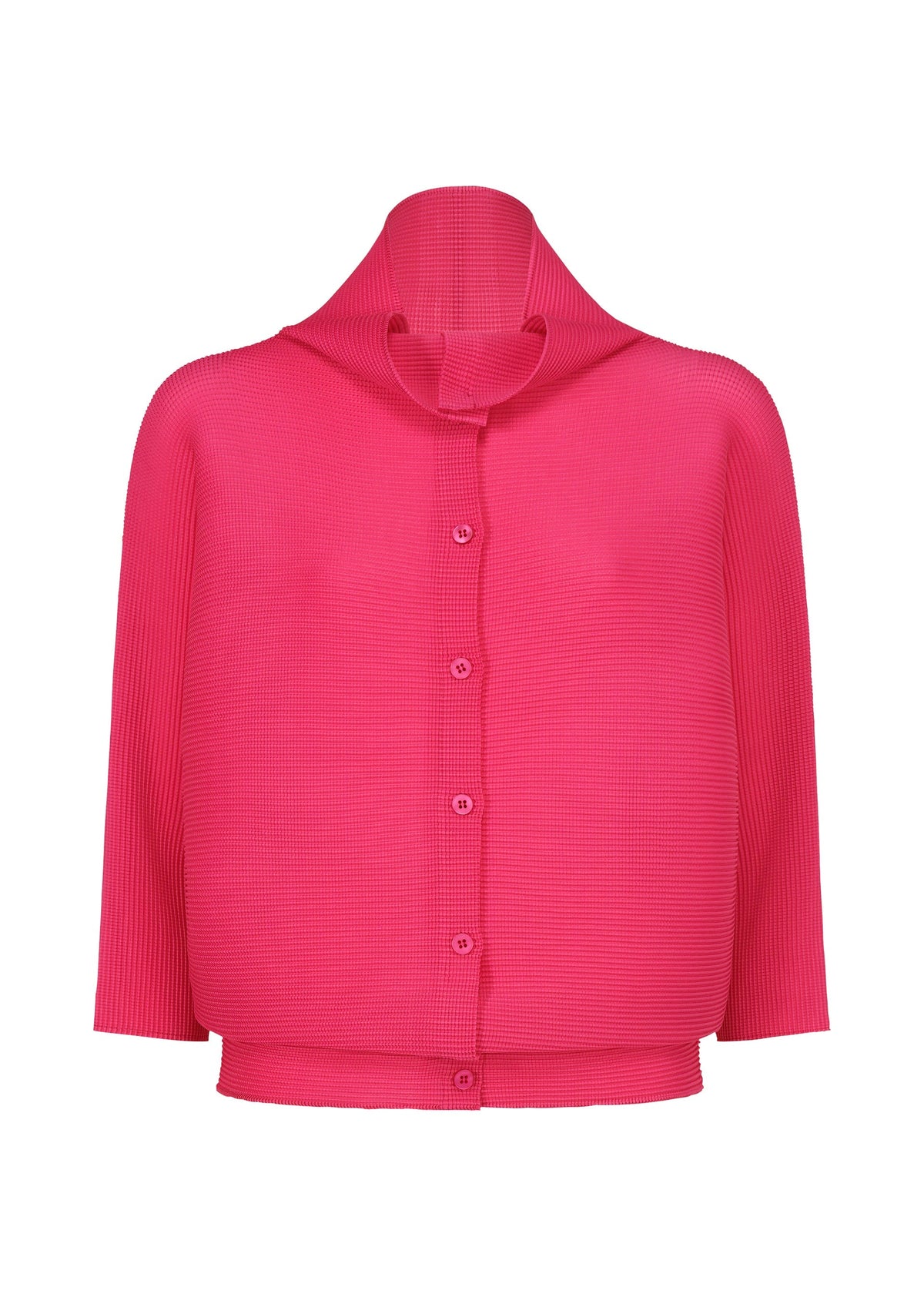 The DOLMAN STRETCH PLEATS 1 by me ISSEY MIYAKE is a bright pink, long-sleeve blouse with a pleated texture, structured high collar, and loose fit. Its unique folded neckline detail adds modern elegance to this button-up design. view 2 of 8