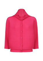 The DOLMAN STRETCH PLEATS 1 by me ISSEY MIYAKE is a bright pink, long-sleeve blouse with a pleated texture, structured high collar, and loose fit. Its unique folded neckline detail adds modern elegance to this button-up design. - RASPBERRY （no.23）