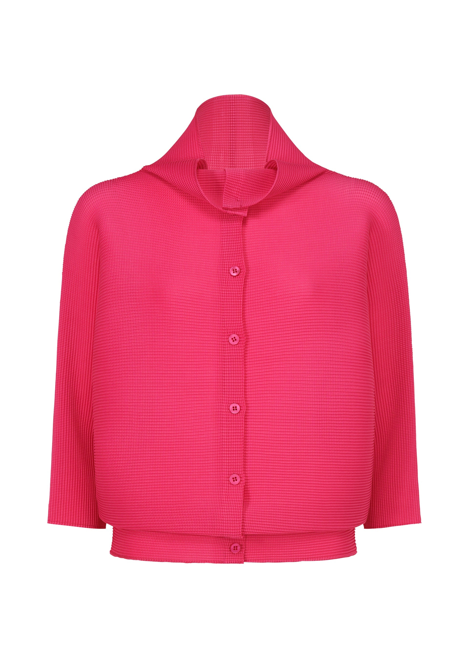 Zoomed view The DOLMAN STRETCH PLEATS 1 by me ISSEY MIYAKE is a bright pink, long-sleeve blouse with a pleated texture, structured high collar, and loose fit. Its unique folded neckline detail adds modern elegance to this button-up design. - RASPBERRY （no.23）