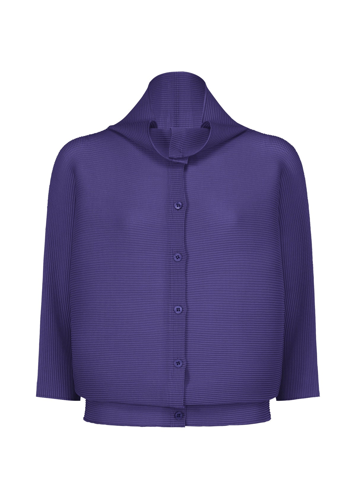 The DOLMAN STRETCH PLEATS 1 by me ISSEY MIYAKE is a purple, long-sleeve cardigan with a high structured collar, ribbed pleated texture, and loose fit made from lightweight stretch pleats fabric for comfort and style. view 3 of 8