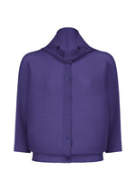 The DOLMAN STRETCH PLEATS 1 by me ISSEY MIYAKE is a purple, long-sleeve cardigan with a high structured collar, ribbed pleated texture, and loose fit made from lightweight stretch pleats fabric for comfort and style. - COBALT BLUE （no.74）
