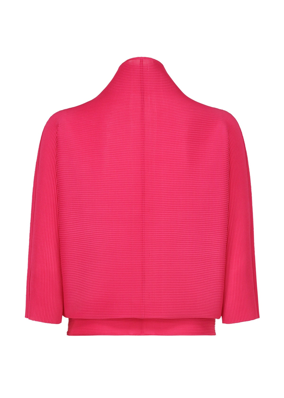 The DOLMAN STRETCH PLEATS 1 by me ISSEY MIYAKE is a bright pink pleated cardigan with stretch pleats, high neckline, 3/4 sleeves, and a boxy silhouette, displayed on a plain white background. view 4 of 8