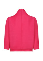 The DOLMAN STRETCH PLEATS 1 by me ISSEY MIYAKE is a bright pink pleated cardigan with stretch pleats, high neckline, 3/4 sleeves, and a boxy silhouette, displayed on a plain white background.