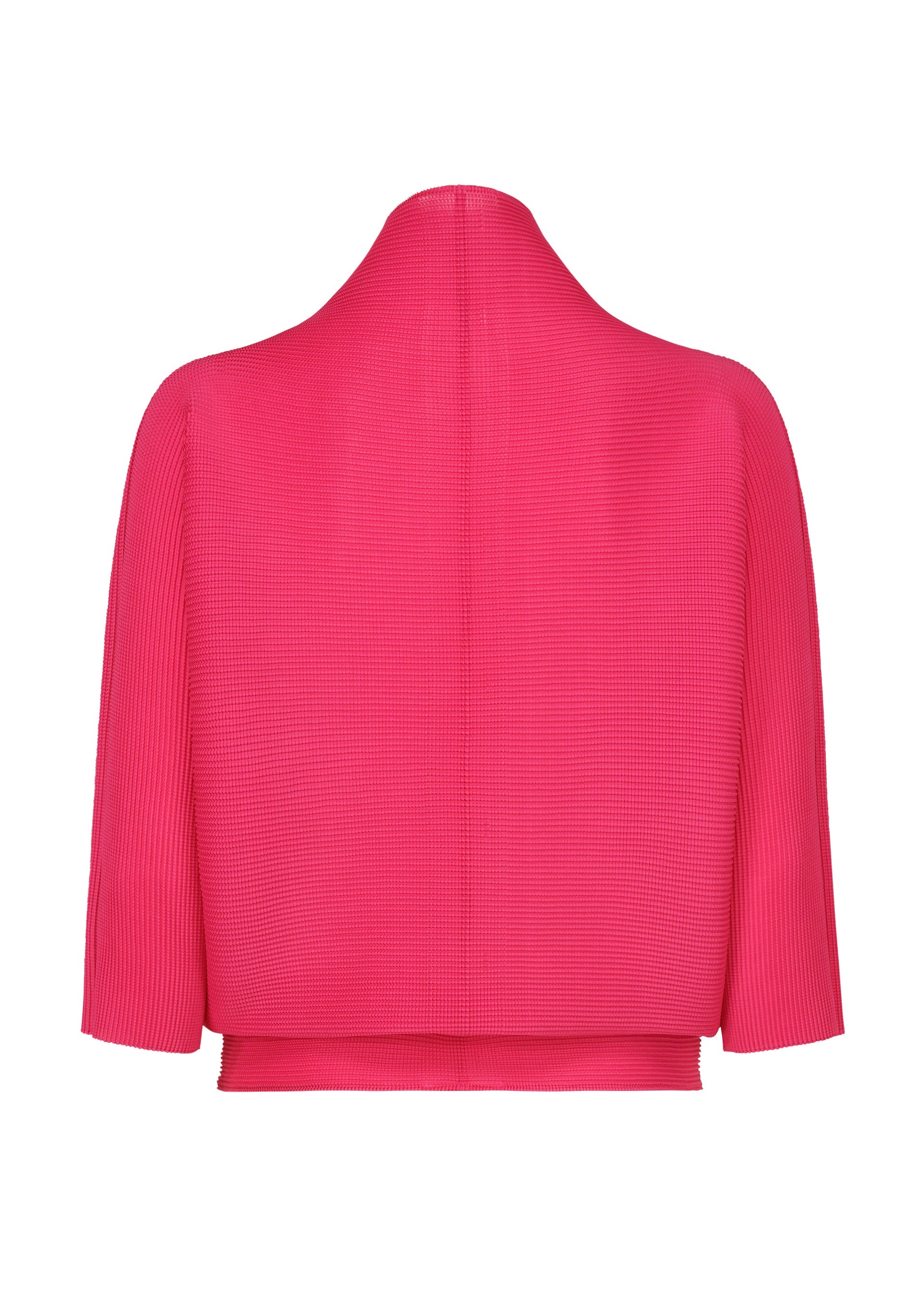 Zoomed view The DOLMAN STRETCH PLEATS 1 by me ISSEY MIYAKE is a bright pink pleated cardigan with stretch pleats, high neckline, 3/4 sleeves, and a boxy silhouette, displayed on a plain white background.