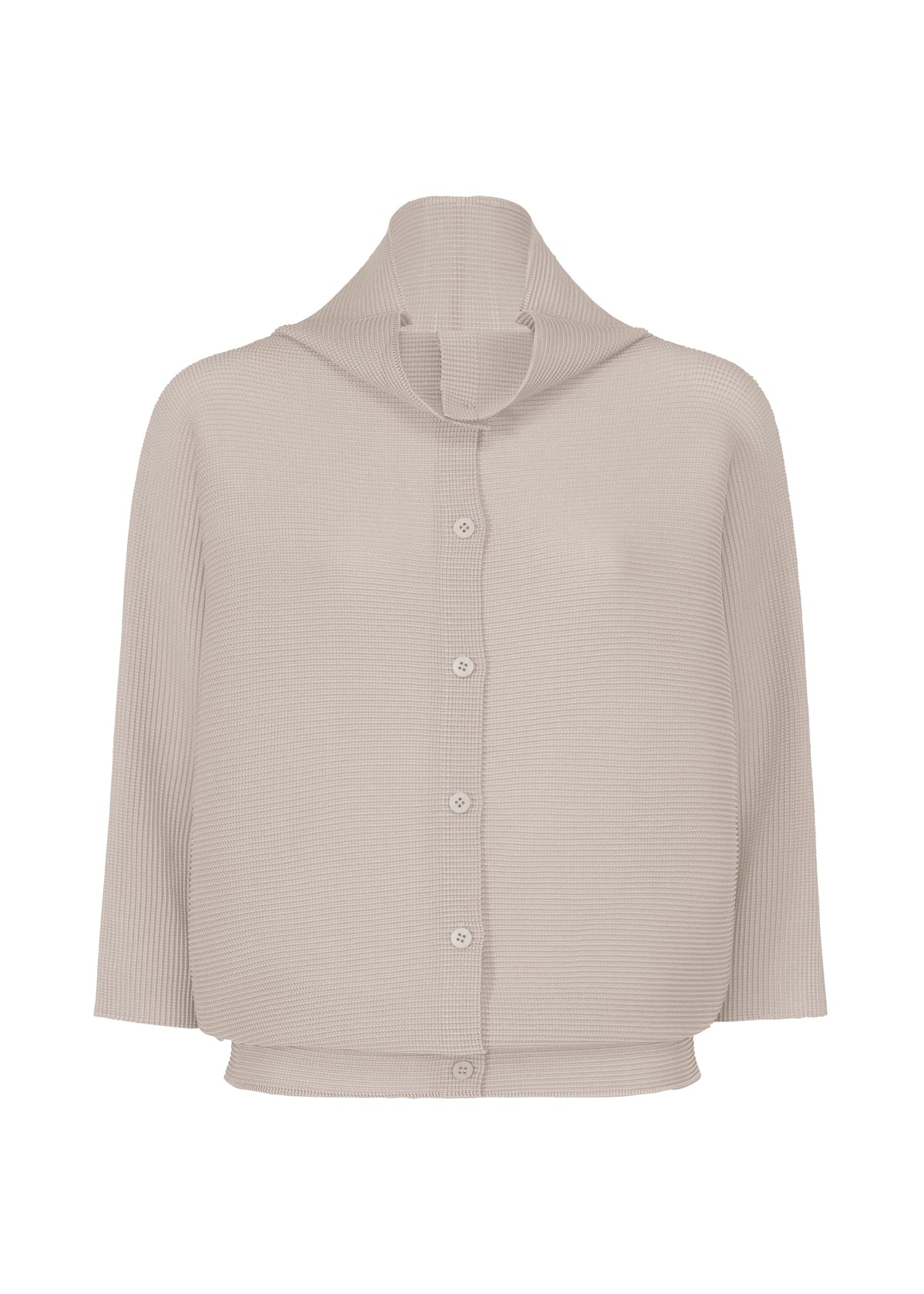 The me ISSEY MIYAKE DOLMAN STRETCH PLEATS 2 is a light beige, long-sleeved, button-down cardigan with stretch pleats, a wide funnel neck, and ribbed texture, shown against a white background. view 1 of 7