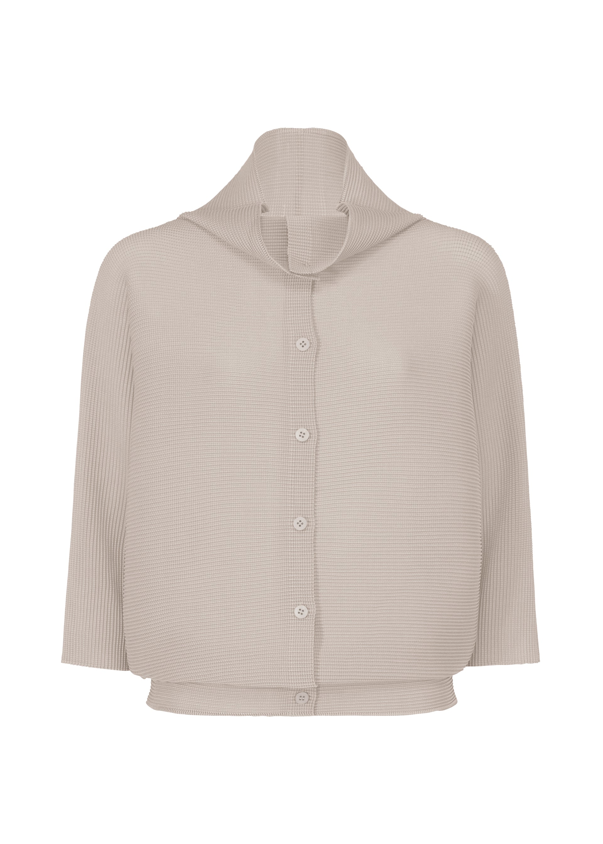 Zoomed view The me ISSEY MIYAKE DOLMAN STRETCH PLEATS 2 is a light beige, long-sleeved, button-down cardigan with stretch pleats, a wide funnel neck, and ribbed texture, shown against a white background. - LIGHT GRAY （no.11）