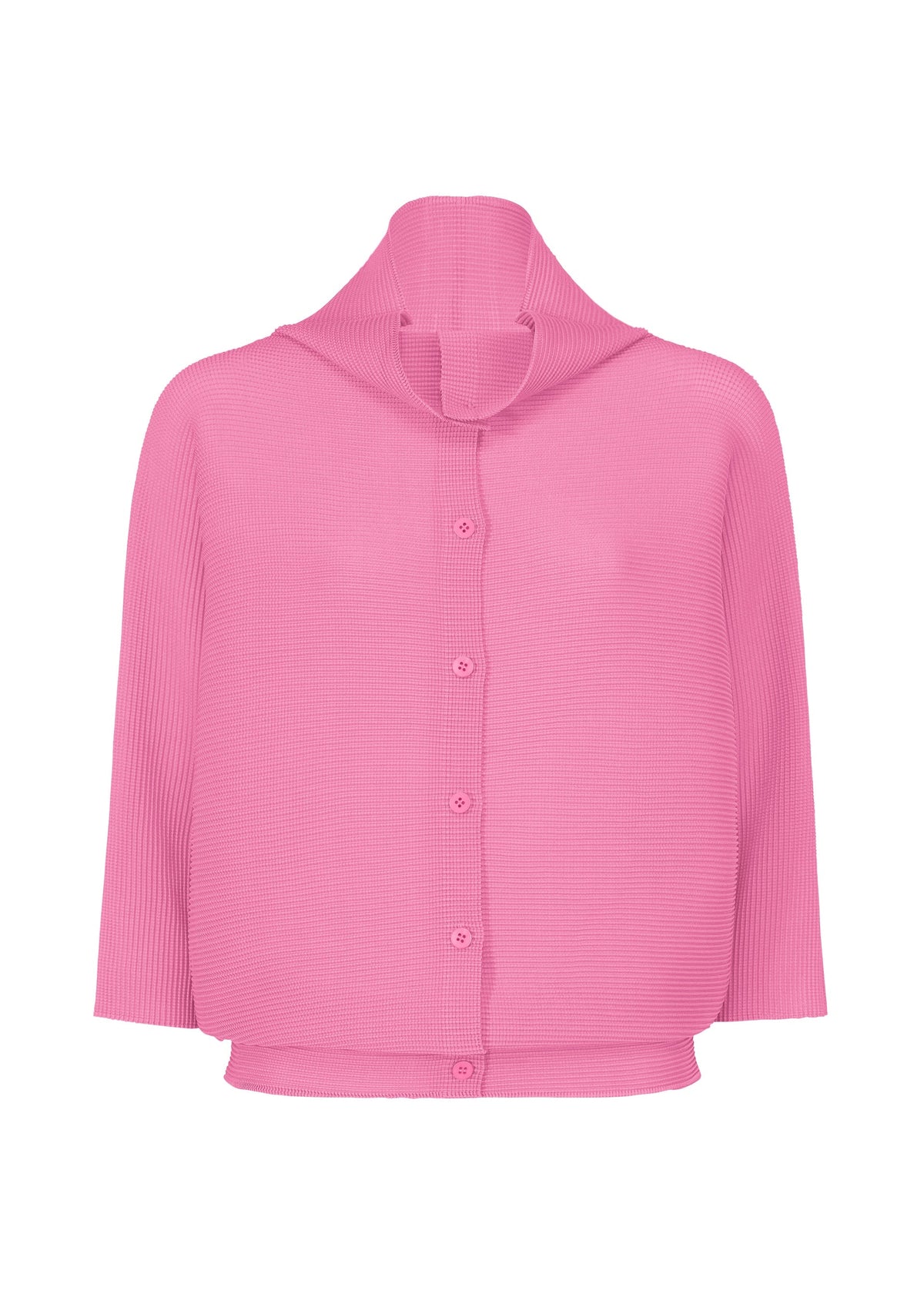 The DOLMAN STRETCH PLEATS 2 by me ISSEY MIYAKE is a pink, long-sleeve, button-up cardigan with ribbed, stretch pleats fabric and a high collar, shown against a white background. view 2 of 7