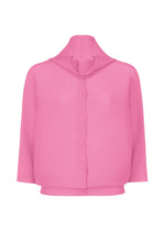 The DOLMAN STRETCH PLEATS 2 by me ISSEY MIYAKE is a pink, long-sleeve, button-up cardigan with ribbed, stretch pleats fabric and a high collar, shown against a white background. - ROSE PINK （no.21）