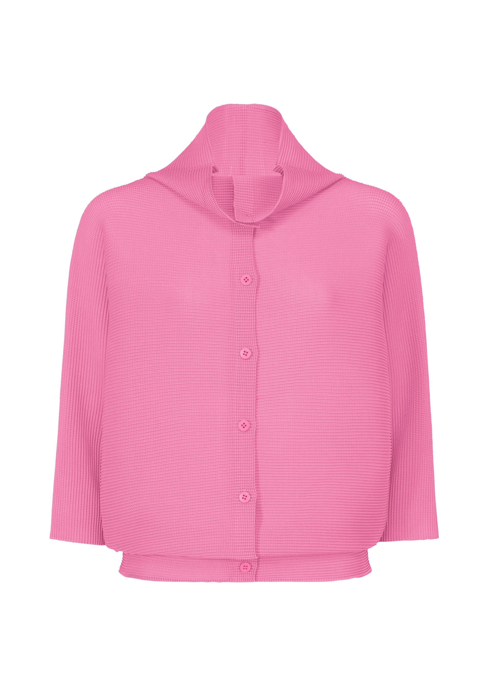 Zoomed view The DOLMAN STRETCH PLEATS 2 by me ISSEY MIYAKE is a pink, long-sleeve, button-up cardigan with ribbed, stretch pleats fabric and a high collar, shown against a white background. - ROSE PINK （no.21）