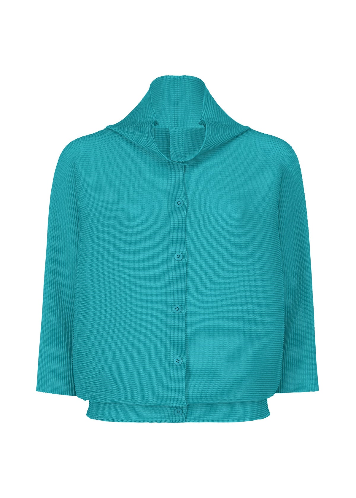 The DOLMAN STRETCH PLEATS 2 by me ISSEY MIYAKE is a teal, long-sleeve button-up cardigan featuring ribbed, stretch pleats fabric and an upright wide collar—offering both comfort and style. view 3 of 7