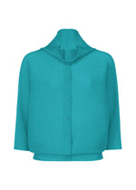 The DOLMAN STRETCH PLEATS 2 by me ISSEY MIYAKE is a teal, long-sleeve button-up cardigan featuring ribbed, stretch pleats fabric and an upright wide collar—offering both comfort and style. - TURQUOISE （no.73）
