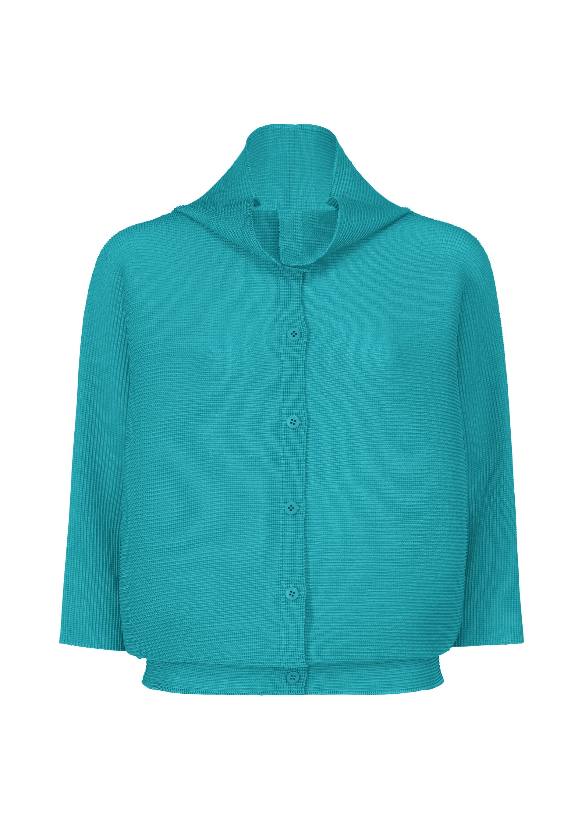 Zoomed view The DOLMAN STRETCH PLEATS 2 by me ISSEY MIYAKE is a teal, long-sleeve button-up cardigan featuring ribbed, stretch pleats fabric and an upright wide collar—offering both comfort and style. - TURQUOISE （no.73）