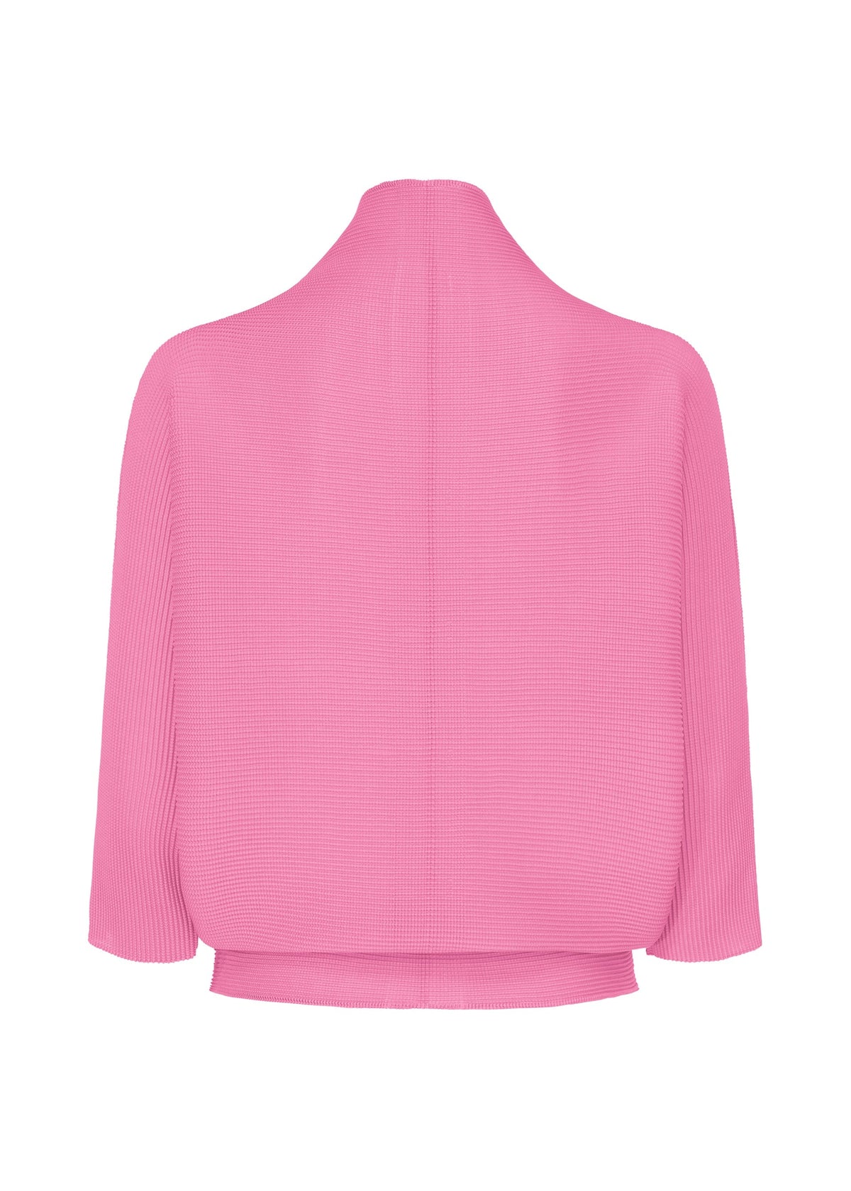 The DOLMAN STRETCH PLEATS 2 cardigan by me ISSEY MIYAKE features pink stretch pleats, wide dolman sleeves, and a high neckline, displayed from the back against a white background. view 4 of 7