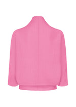 The DOLMAN STRETCH PLEATS 2 cardigan by me ISSEY MIYAKE features pink stretch pleats, wide dolman sleeves, and a high neckline, displayed from the back against a white background.