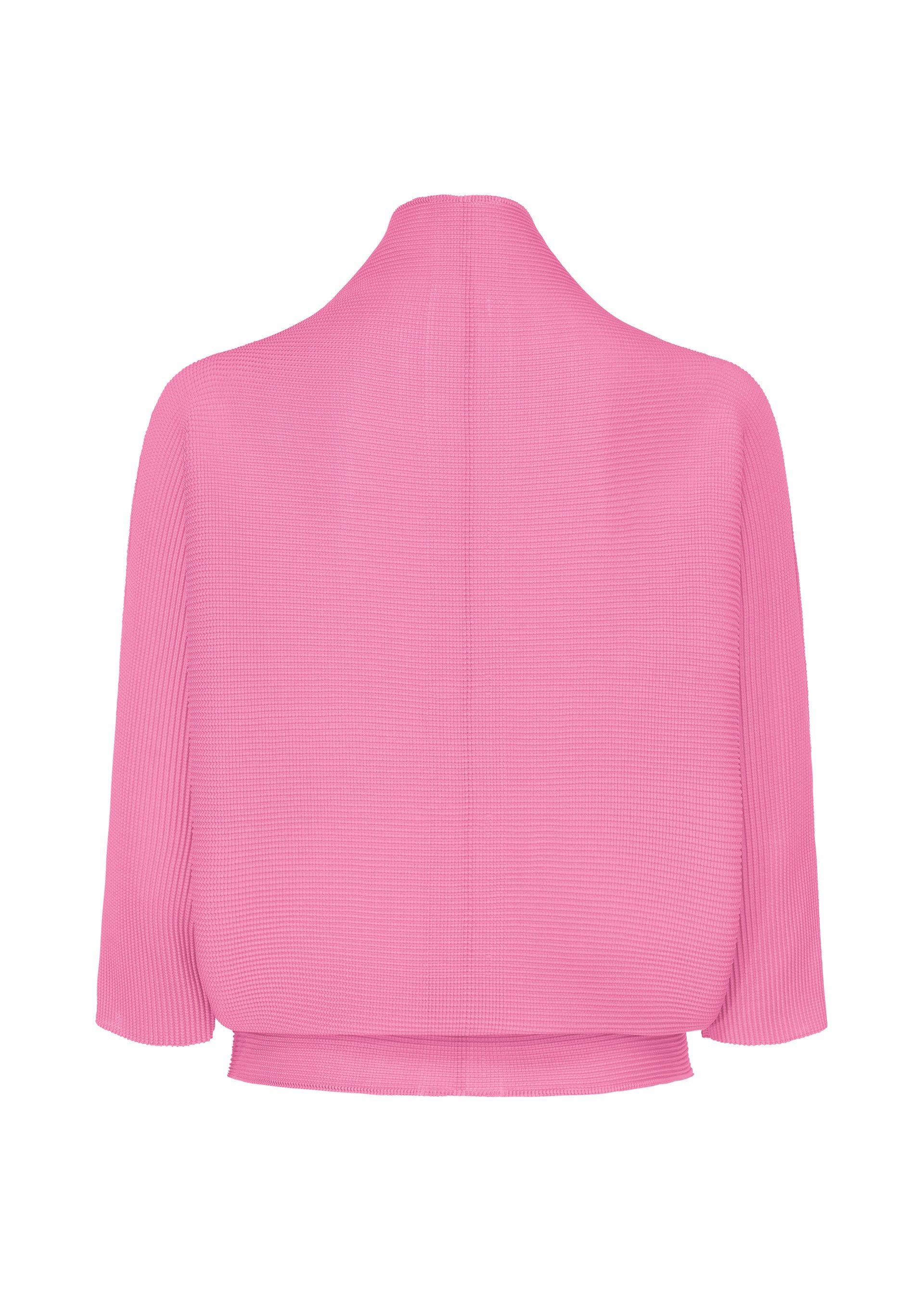 Zoomed view The DOLMAN STRETCH PLEATS 2 cardigan by me ISSEY MIYAKE features pink stretch pleats, wide dolman sleeves, and a high neckline, displayed from the back against a white background.