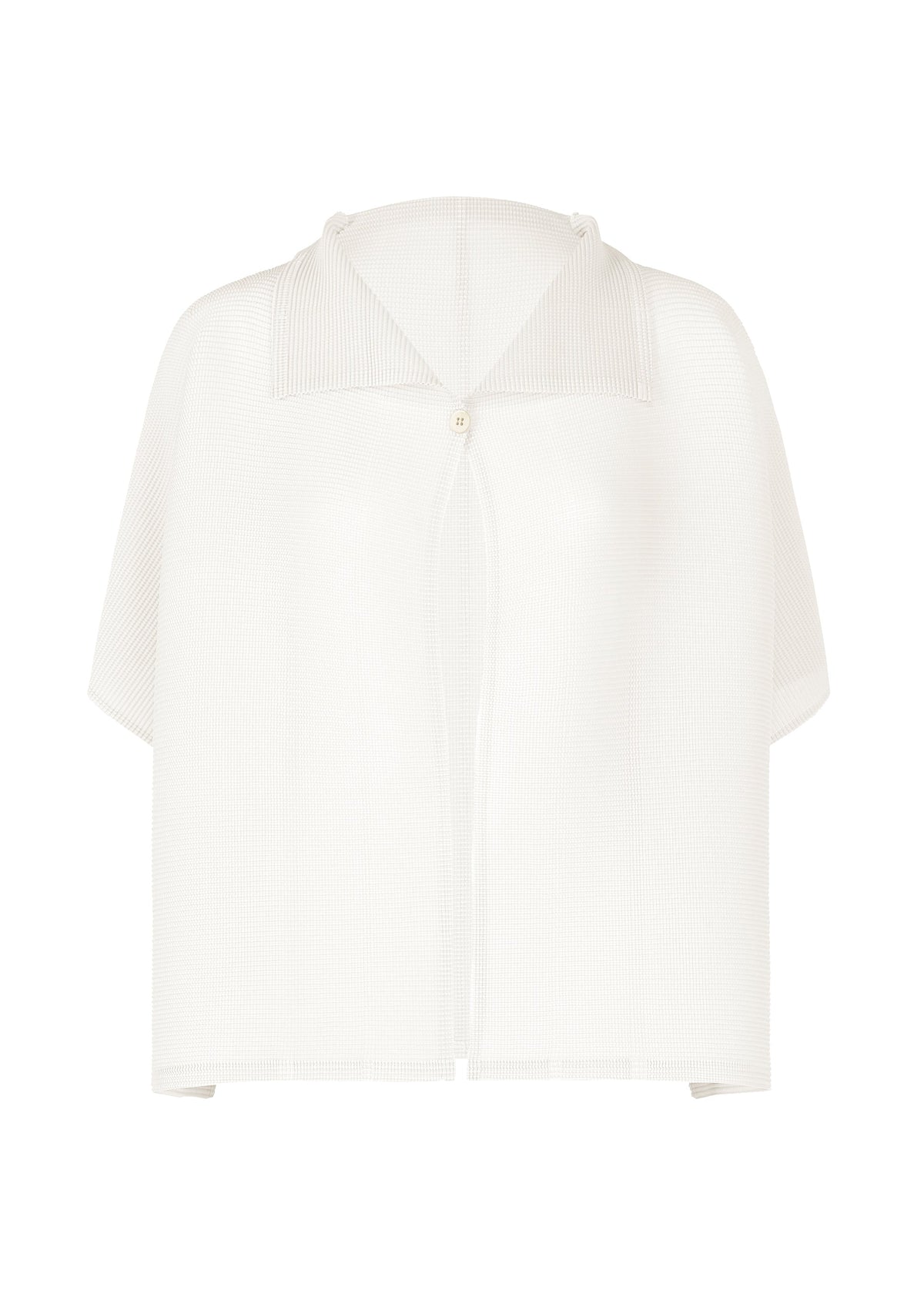 The SQUARE STRETCH PLEATS blouse by me ISSEY MIYAKE is a white, short-sleeved, semi-sheer top with a collar, subtle vertical stripes, delicate stretch pleats, and a single button at the neckline for added texture and style. view 1 of 7