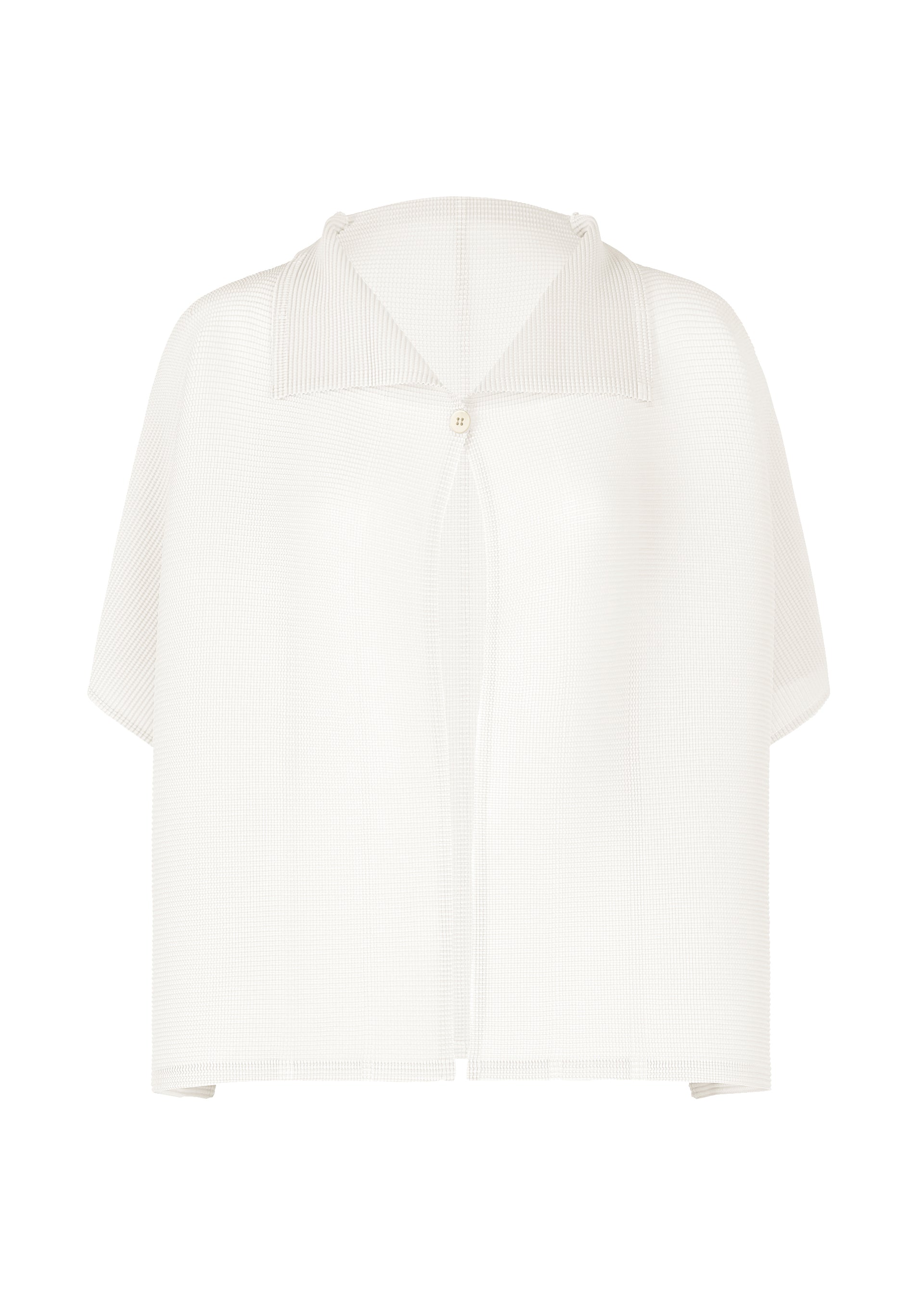 Zoomed view The SQUARE STRETCH PLEATS blouse by me ISSEY MIYAKE is a white, short-sleeved, semi-sheer top with a collar, subtle vertical stripes, delicate stretch pleats, and a single button at the neckline for added texture and style. - WHITE （no.01）