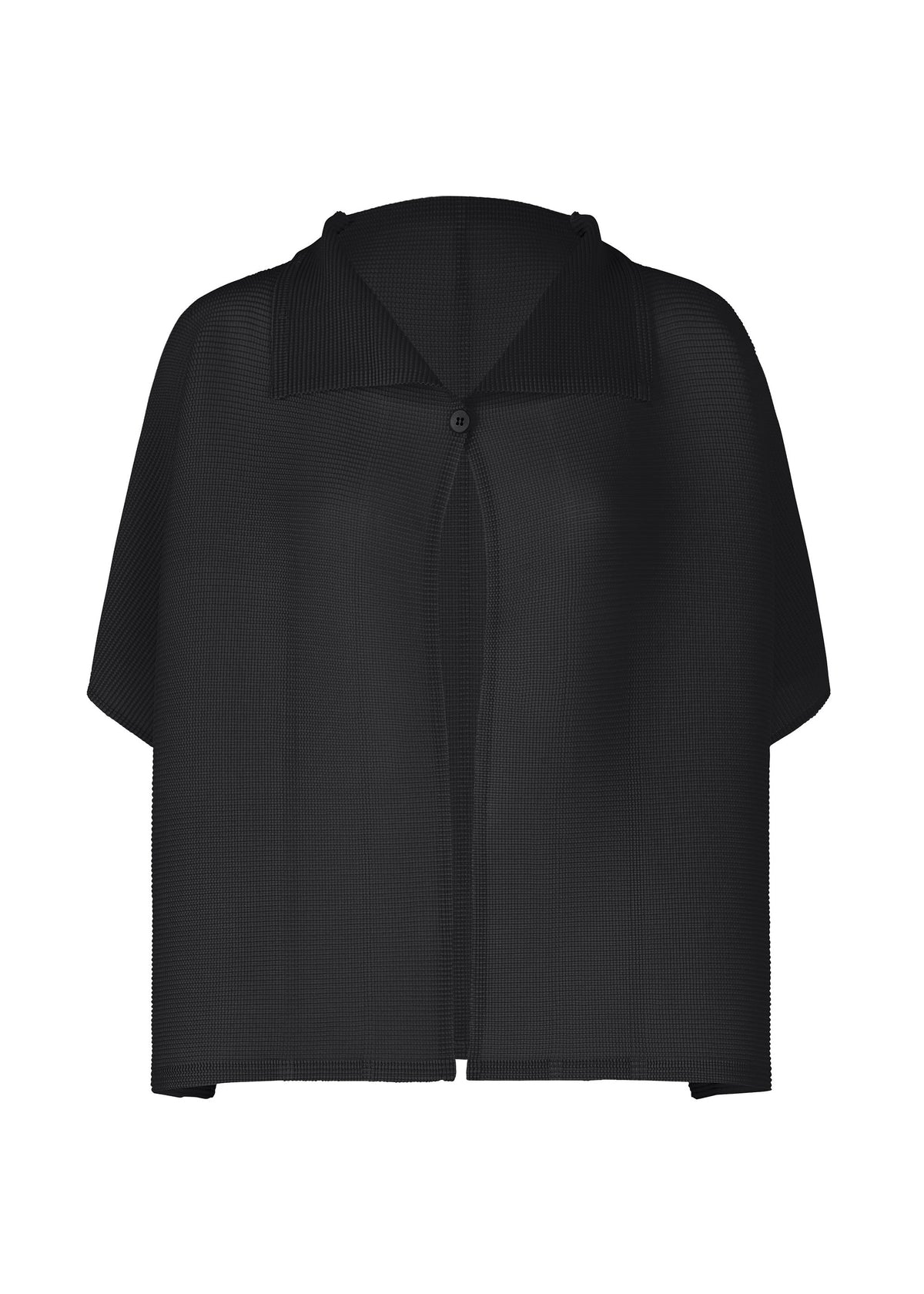 The me ISSEY MIYAKE SQUARE STRETCH PLEATS is a black short-sleeve textured cape with a three-dimensional silhouette, single neck button, subtle stretchy pleats, and a grid pattern. Photographed on a plain white background. view 2 of 7