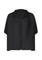The me ISSEY MIYAKE SQUARE STRETCH PLEATS is a black short-sleeve textured cape with a three-dimensional silhouette, single neck button, subtle stretchy pleats, and a grid pattern. Photographed on a plain white background. - BLACK （no.15）