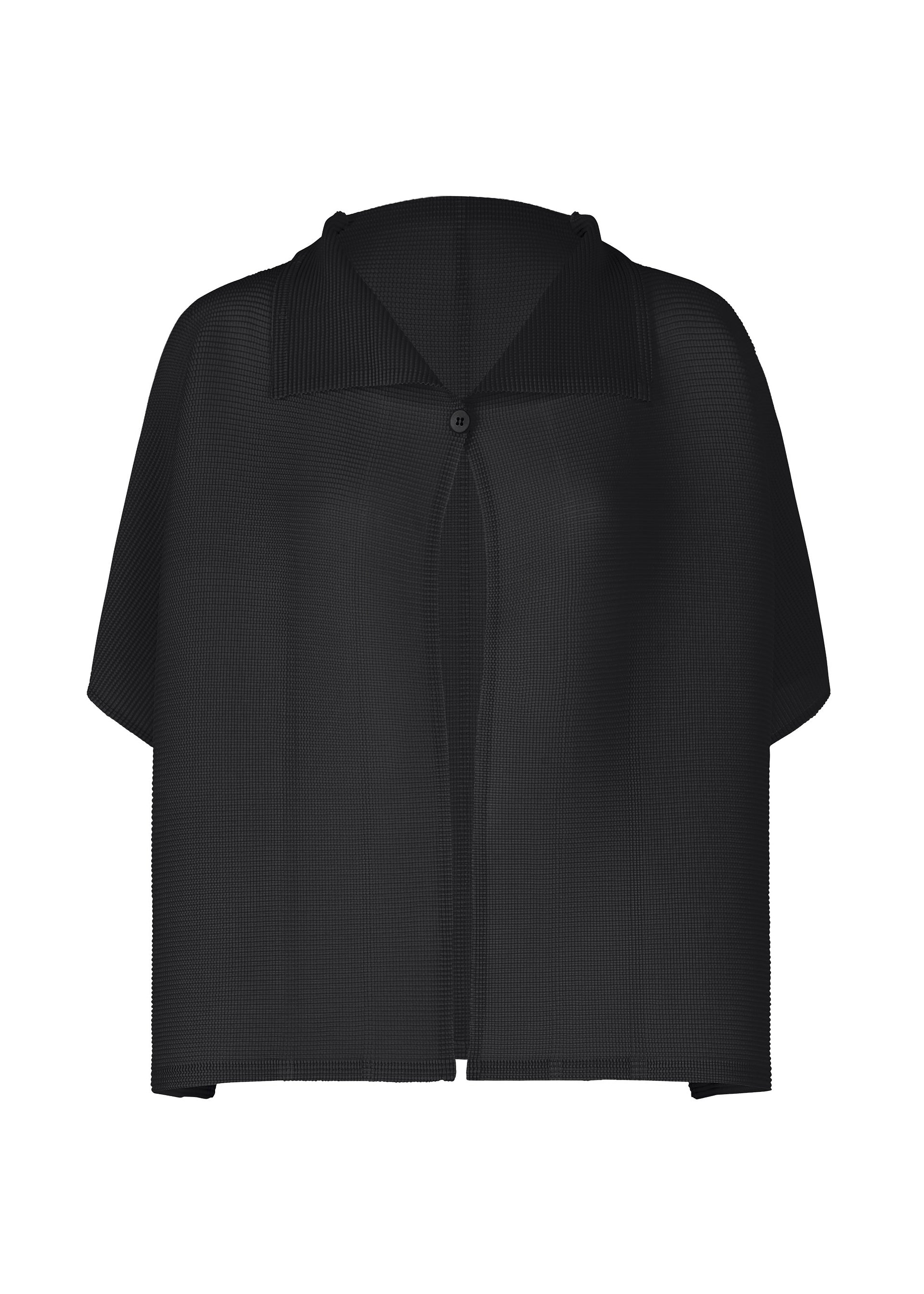 Zoomed view The me ISSEY MIYAKE SQUARE STRETCH PLEATS is a black short-sleeve textured cape with a three-dimensional silhouette, single neck button, subtle stretchy pleats, and a grid pattern. Photographed on a plain white background. - BLACK （no.15）