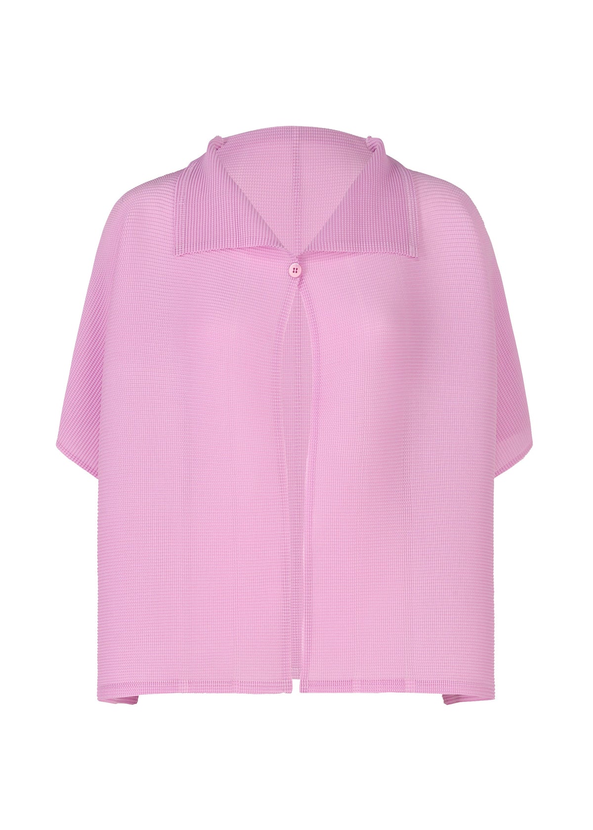 The SQUARE STRETCH PLEATS by me ISSEY MIYAKE is a light pink, short-sleeved, semi-sheer button-up shirt with a pointed collar and relaxed fit, featuring subtle stretch pleats for a gentle 3D silhouette, shown on white. view 3 of 7