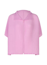 The SQUARE STRETCH PLEATS by me ISSEY MIYAKE is a light pink, short-sleeved, semi-sheer button-up shirt with a pointed collar and relaxed fit, featuring subtle stretch pleats for a gentle 3D silhouette, shown on white. - LILAC （no.20）