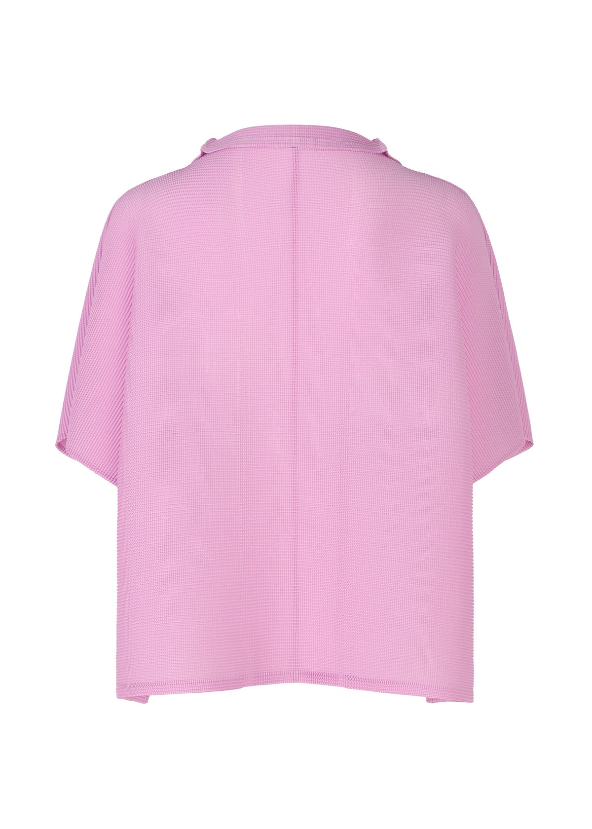 The SQUARE STRETCH PLEATS top by me ISSEY MIYAKE is a loose, short-sleeved, light pink piece with a 3D silhouette and slightly textured, lightweight fabric, shown from the back on a white background. view 4 of 7