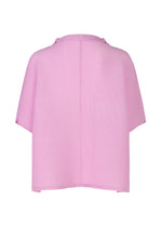 The SQUARE STRETCH PLEATS top by me ISSEY MIYAKE is a loose, short-sleeved, light pink piece with a 3D silhouette and slightly textured, lightweight fabric, shown from the back on a white background.
