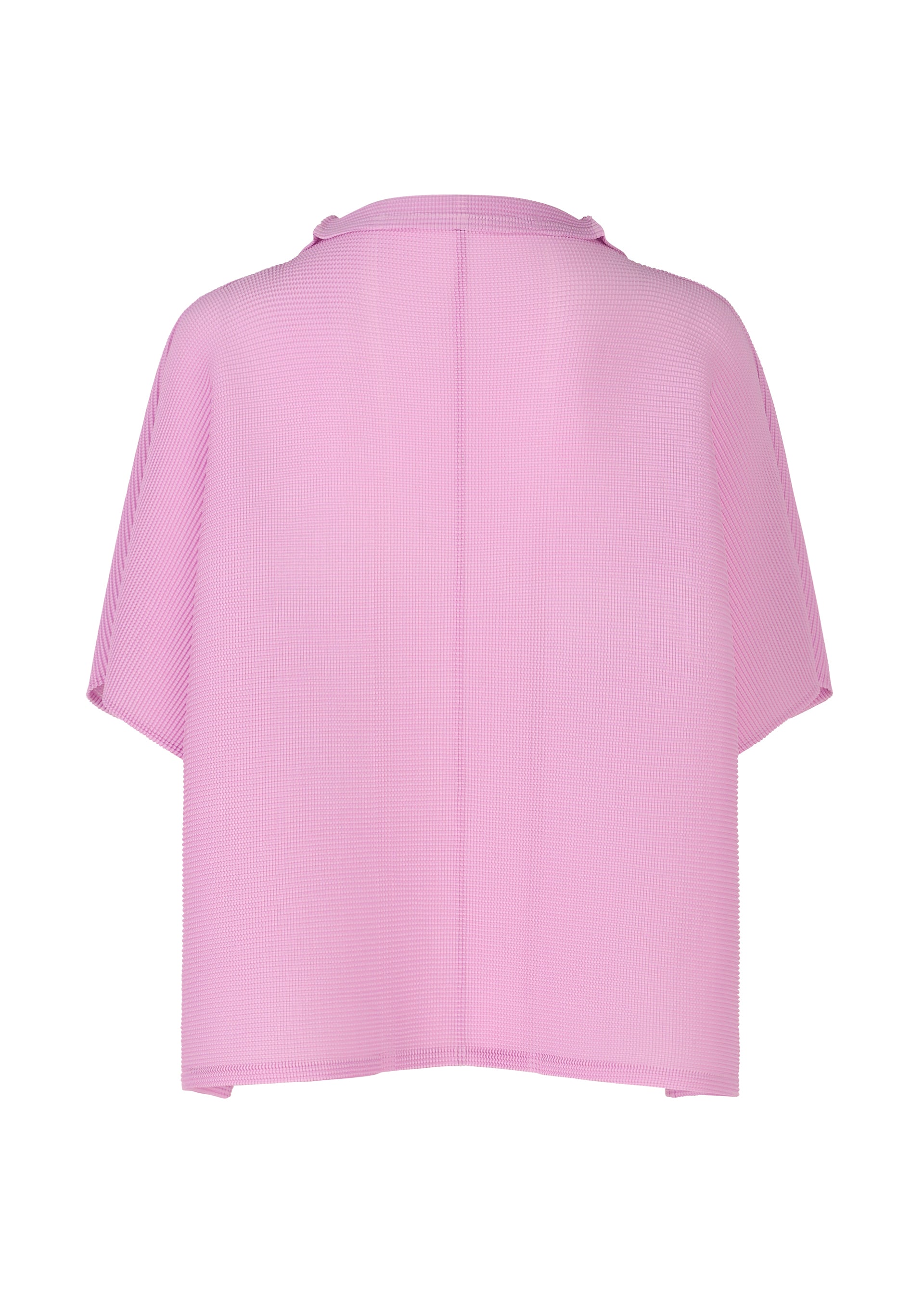 Zoomed view The SQUARE STRETCH PLEATS top by me ISSEY MIYAKE is a loose, short-sleeved, light pink piece with a 3D silhouette and slightly textured, lightweight fabric, shown from the back on a white background.