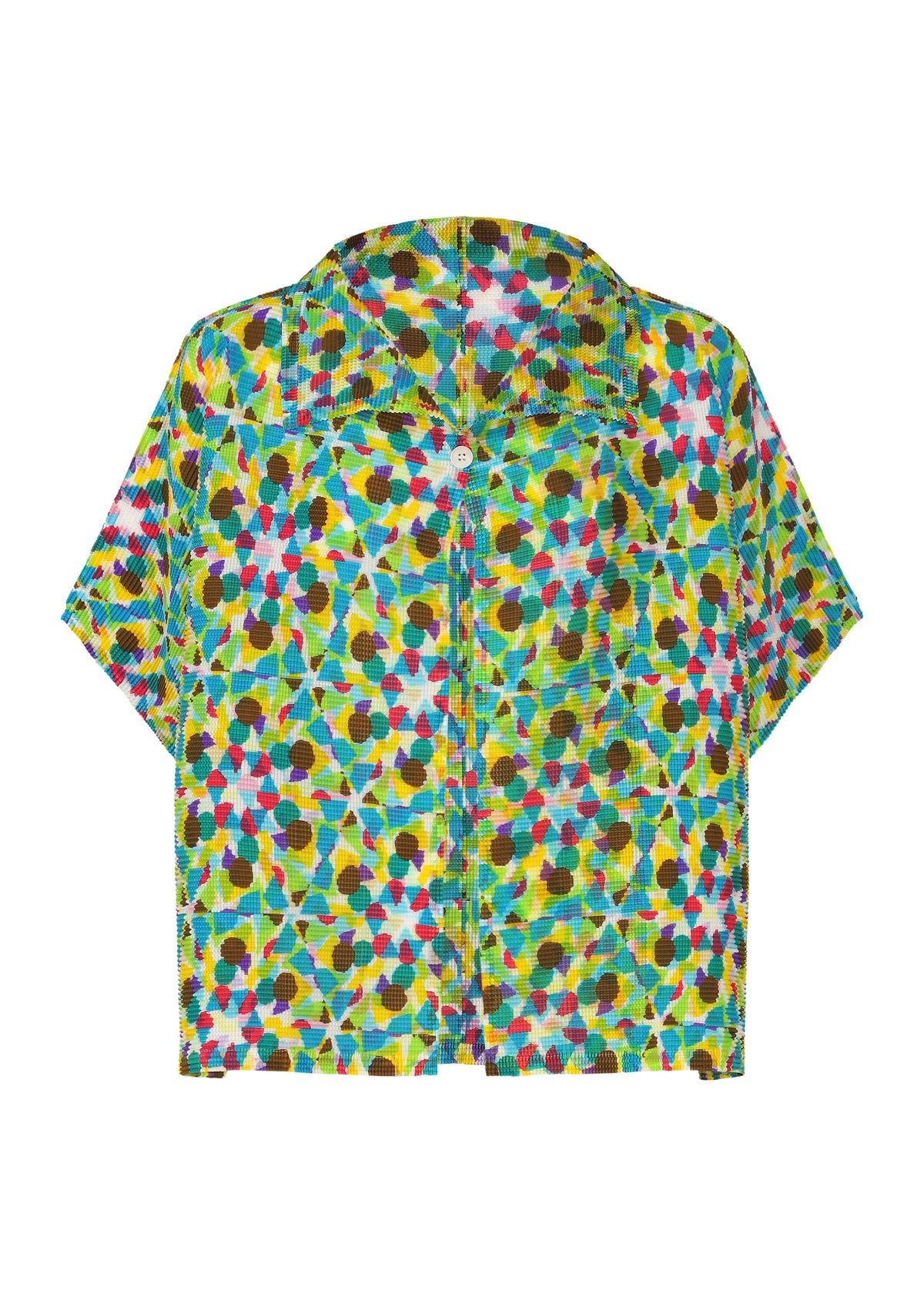 The KALEIDOSCOPE shirt by me ISSEY MIYAKE is a short-sleeve, button-up with a vivid pattern of blue, yellow, green, pink, and brown overlapping dots and shapes on a light background. Shown flat from the back. view 1 of 6