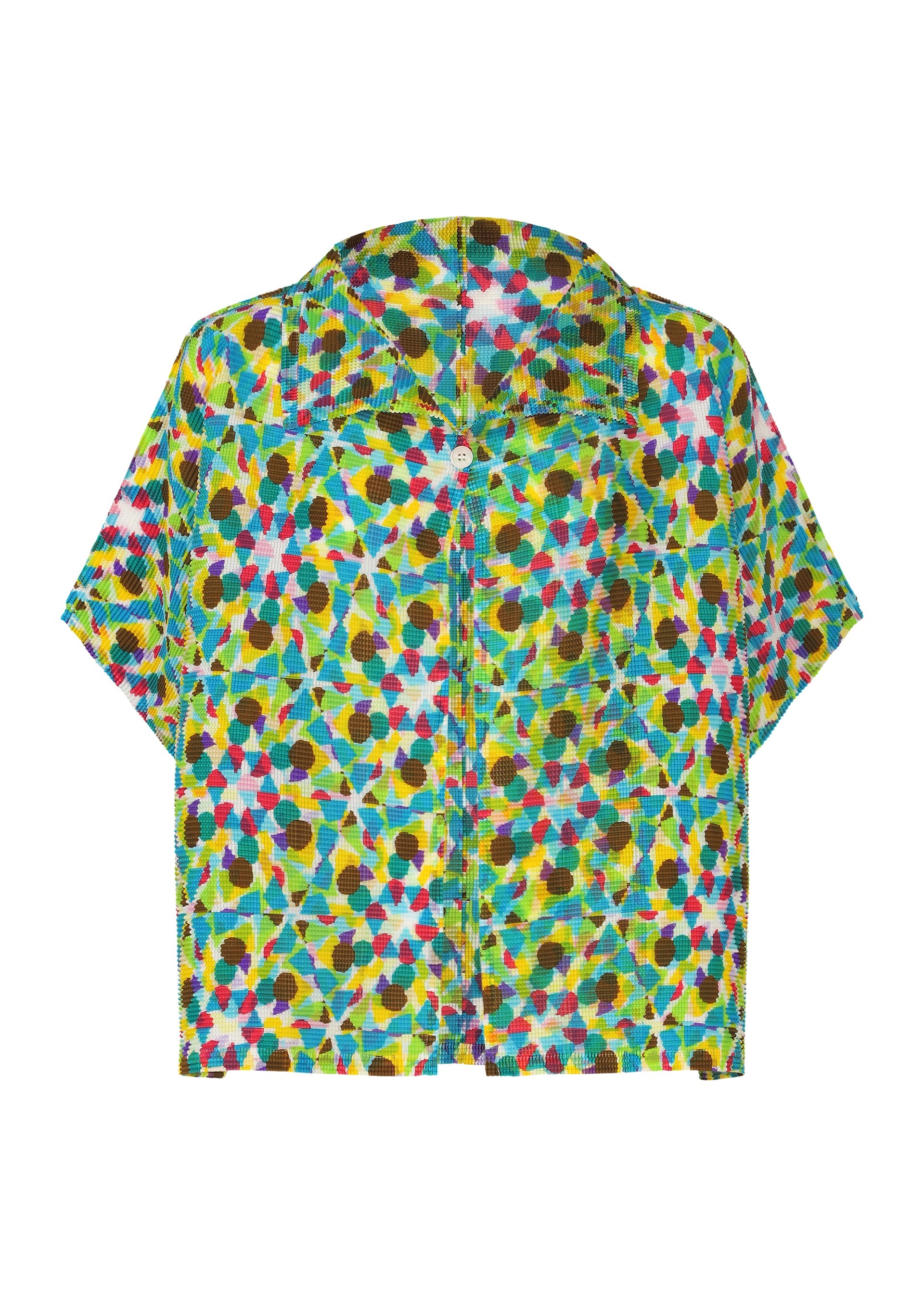 Zoomed view The KALEIDOSCOPE shirt by me ISSEY MIYAKE is a short-sleeve, button-up with a vivid pattern of blue, yellow, green, pink, and brown overlapping dots and shapes on a light background. Shown flat from the back. - WHITE-HUED （no.09）