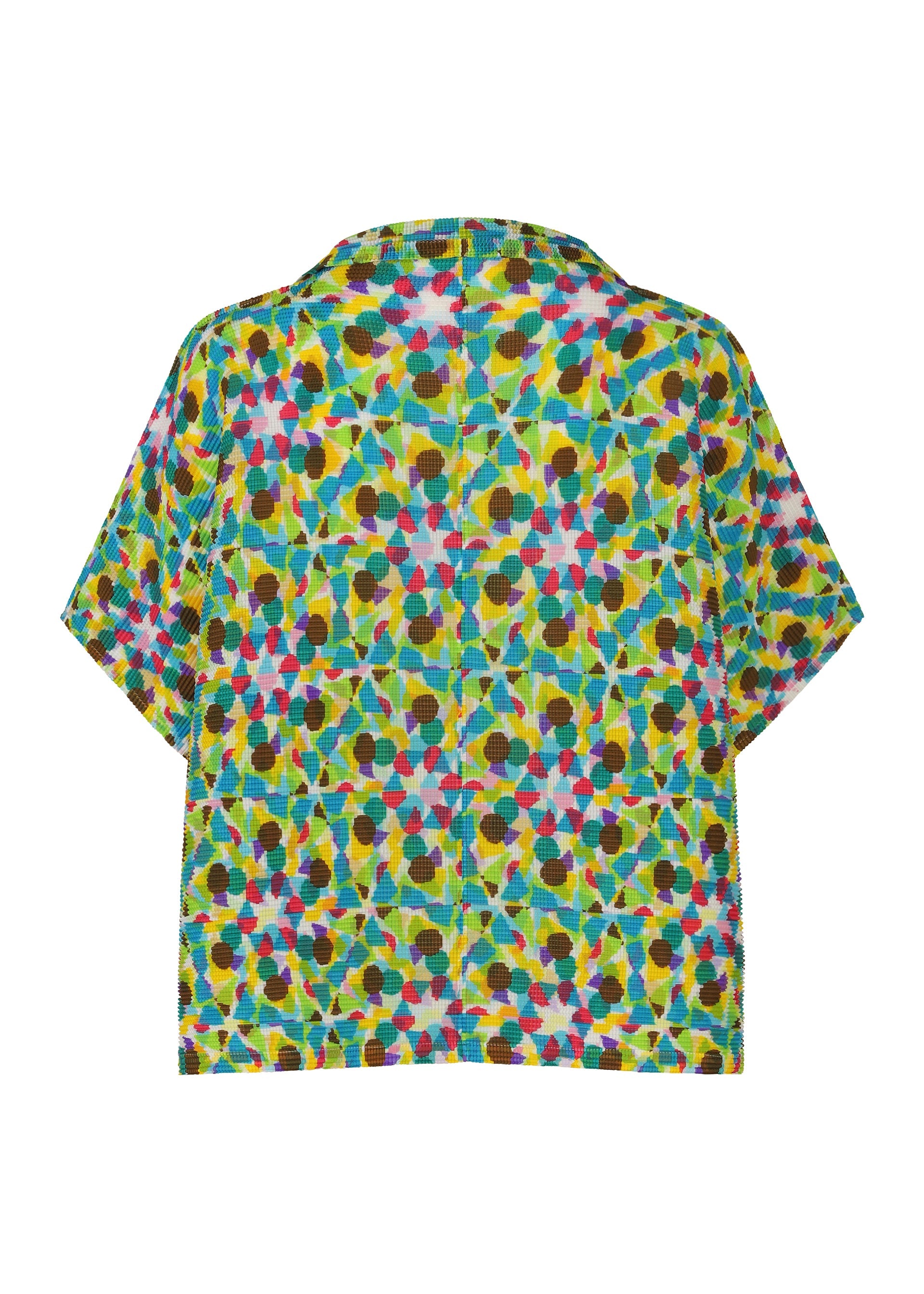 Zoomed view The KALEIDOSCOPE short-sleeve shirt by me ISSEY MIYAKE features a vibrant pattern of overlapping circles and hexagons in blue, green, pink, yellow, and brown. The shirt is laid flat to display the back design.