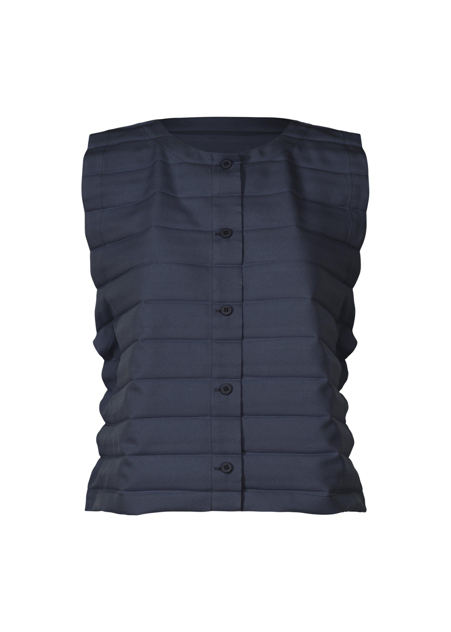 Zoomed view The RIPPLE PLEATS sleeveless button-up top by me ISSEY MIYAKE features handmade pleats, horizontal textured stripes, and a round neckline in dark navy, shown against a plain white background. - NAVY （no.75）