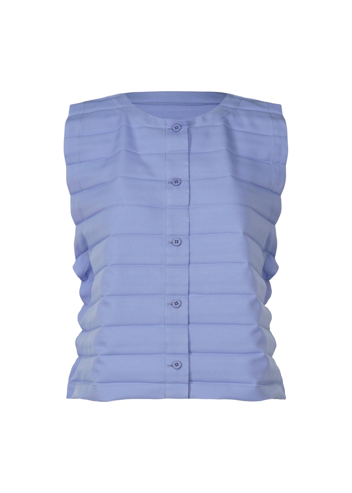 The RIPPLE PLEATS sleeveless light blue top by me ISSEY MIYAKE features handmade pleats, a round neckline, and front button closure, shown against a white background. view 3 of 7