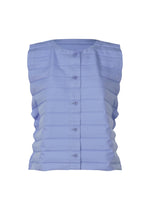 The RIPPLE PLEATS sleeveless light blue top by me ISSEY MIYAKE features handmade pleats, a round neckline, and front button closure, shown against a white background. - LAVENDER （no.80）
