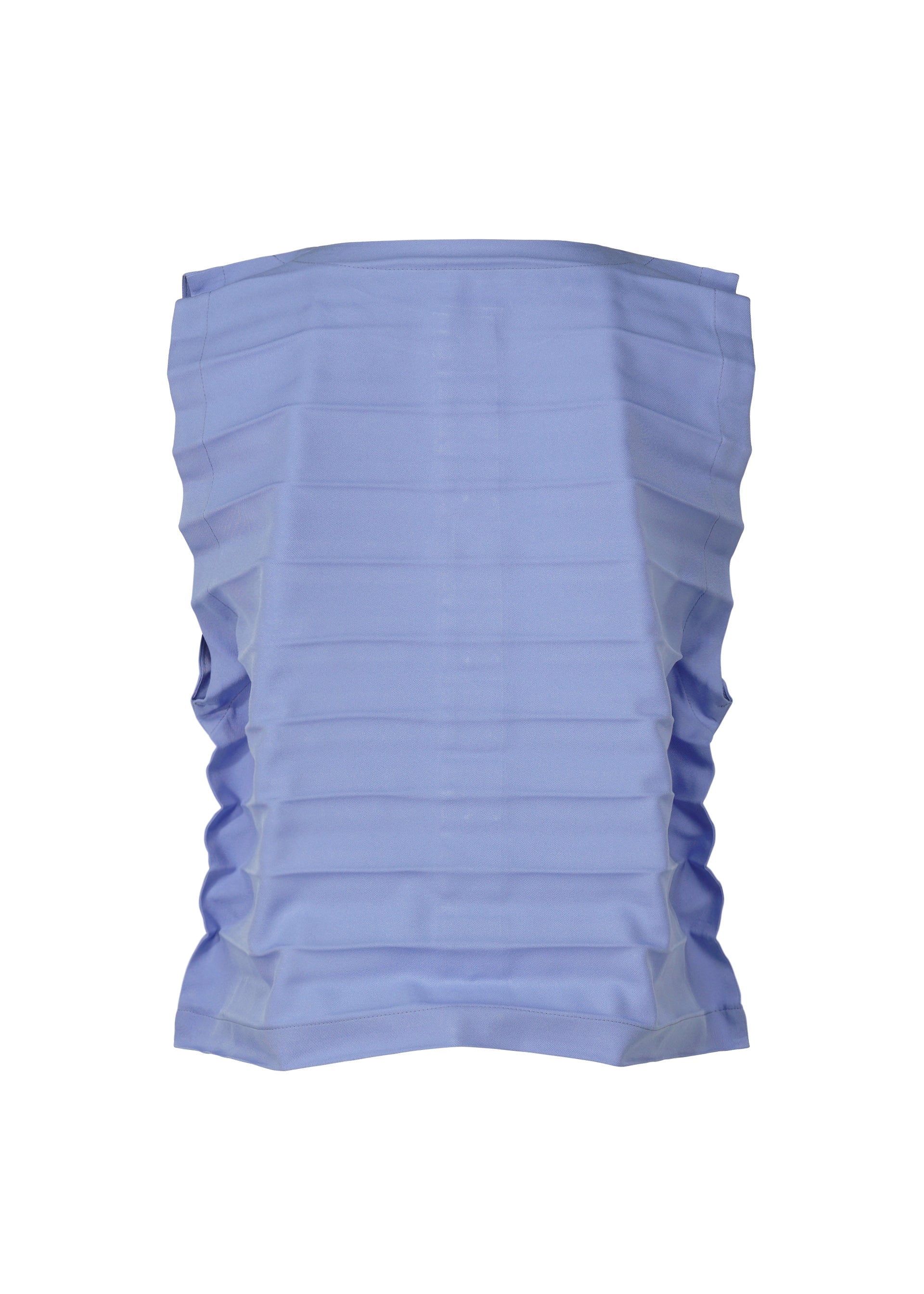 Zoomed view The RIPPLE PLEATS by me ISSEY MIYAKE is a light blue sleeveless top with handmade pleats, a fitted shape, and ruched strapless detail—all set against a crisp white backdrop.