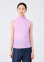 A woman with straight dark hair tied back wears the me ISSEY MIYAKE STRETCH PLEATS 5 light purple high-neck sleeveless top and dark blue jeans, standing against a plain white background, looking slightly to her left with a neutral expression.