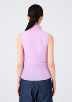 Seen from behind, a person with long dark hair in a low ponytail wears the me ISSEY MIYAKE STRETCH PLEATS 5 high-neck sleeveless top in light purple and dark blue pants, standing against a plain light background.