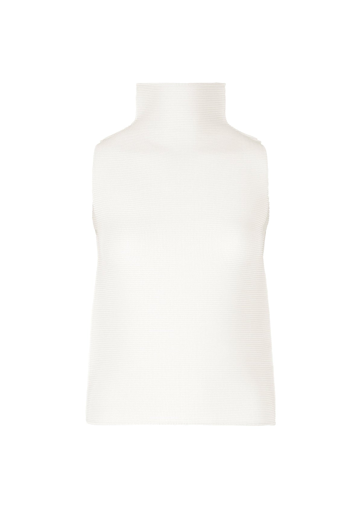 The STRETCH PLEATS 5 by me ISSEY MIYAKE is a minimalist, sleeveless white top with stretch pleats and a high neck, shown against a plain white background. view 1 of 7