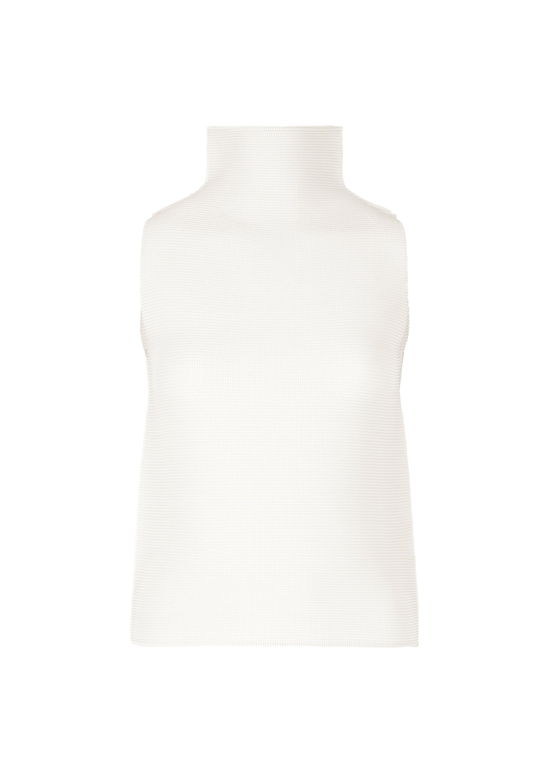 Zoomed view The STRETCH PLEATS 5 by me ISSEY MIYAKE is a minimalist, sleeveless white top with stretch pleats and a high neck, shown against a plain white background. - WHITE (no.01)