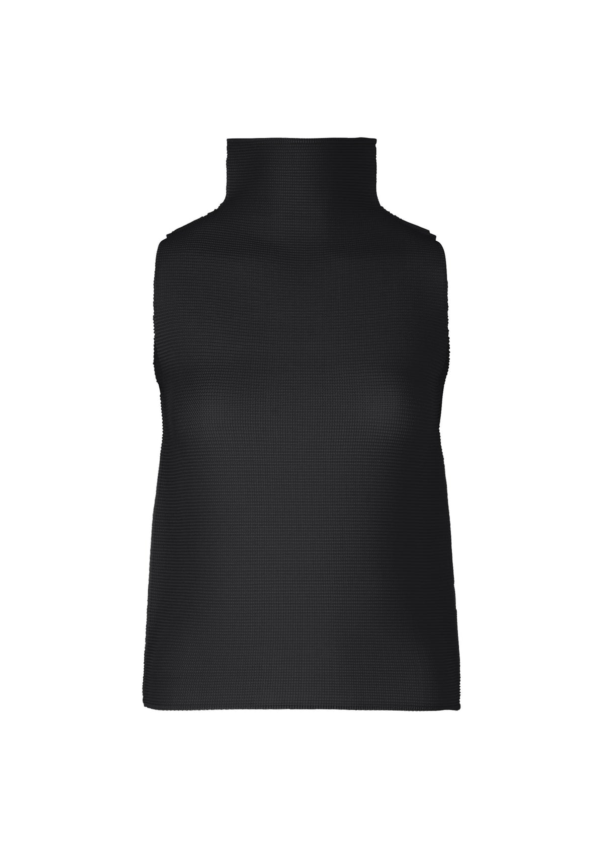 The STRETCH PLEATS 5 by me ISSEY MIYAKE is a sleeveless black high-neck top with a straight, simple silhouette, shown on a plain white background for an effortlessly chic look. view 2 of 7